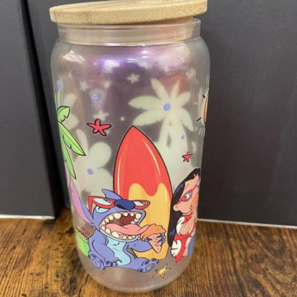 SHIMMER LILO AND STITCH THEME GLASS TUMBLER 16oz